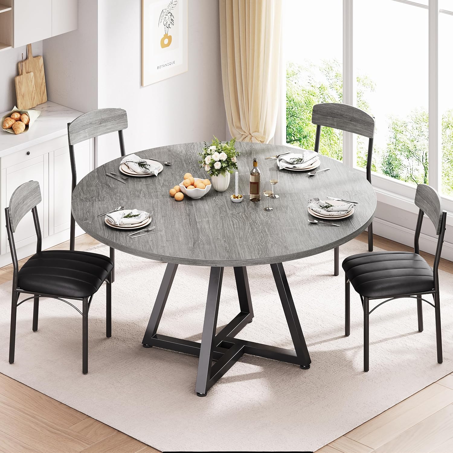Jocoevol 42“ Round Kitchen Dining Room Table for 2-4, Circle Dining Dinner Table with Pedestal Metal Frame, Space Saving Wood Industrial Furniture for Small Space (Grey, 42IN)