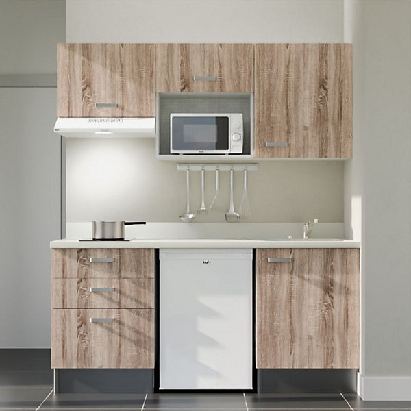 Kitchenette K20 - 180 cm - façades Bois - Plan monobloc en quartz coloris Snova évier à droite - Electroménager Blanc
