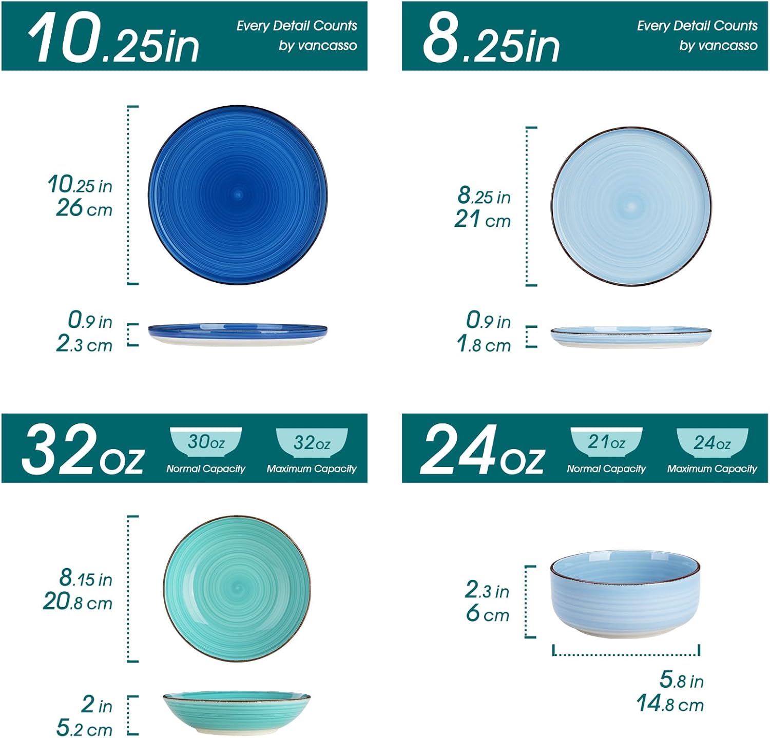 vancasso Bonita Dinnerware Sets 24 Pieces, Blue Stoneware Dishes Set for 6, Dinner Platers with Bowls Set, Dishwasher and Microwave Safe