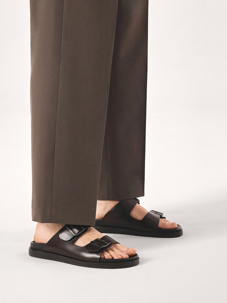 Brown leather slides