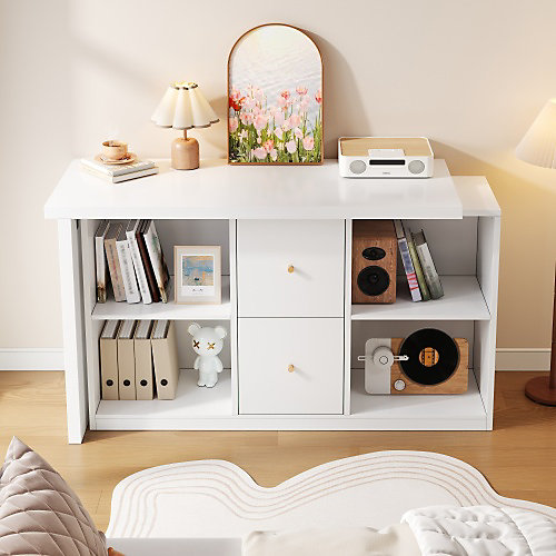 Bureau d'angle en forme de L - Réglable à gauche et à droite - 2 tiroirs et compartiments de rangement ouverts - MDF - Blanc