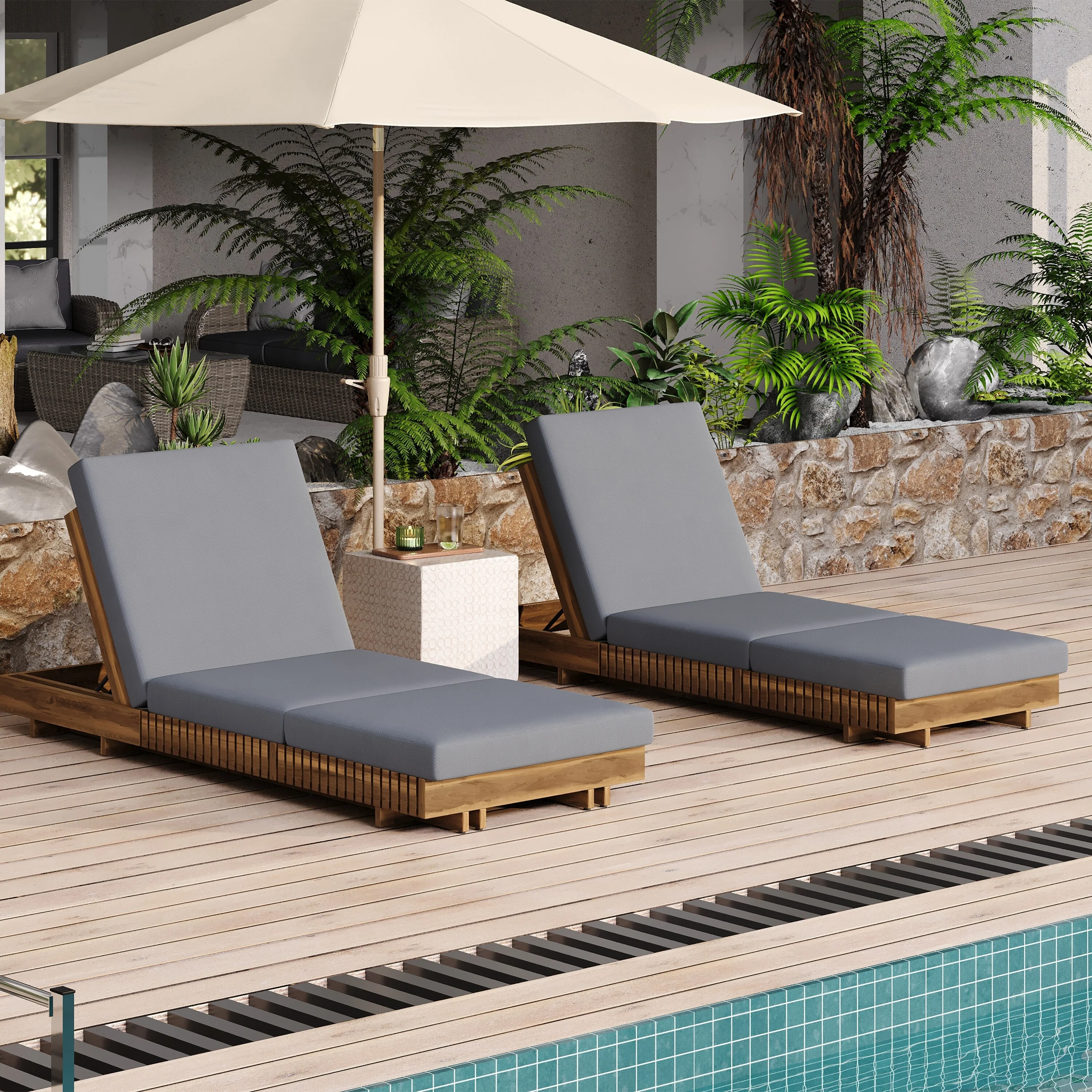 Patio Outdoor Acacia Wood Sun Tanning Chaise Lounger with Cushions Breathable Recliners Garden Poolside Adjustable Lounge Chairs