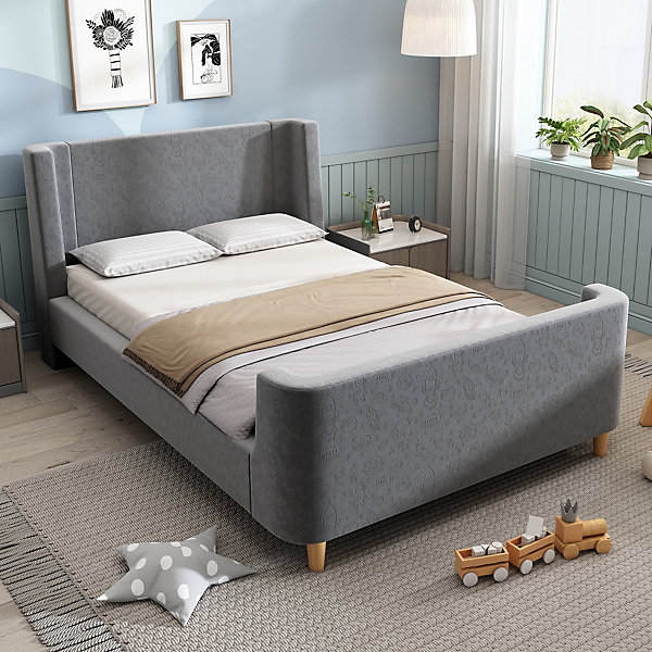 Lit 90x200 cm avec tête de lit rembourrée, design luge en velours gris et structure bois-métal