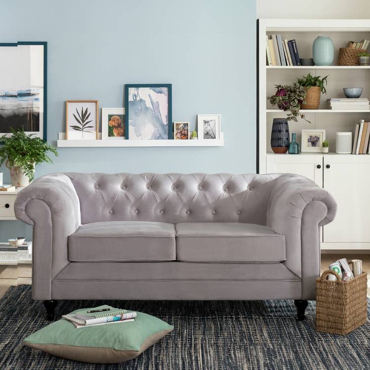 Habitat Chesterfield Velvet 2 Seater Sofa - Light Grey