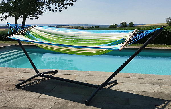 Hamac sur pied Metalik Kolor vert bleu écru 300 x 100 x 95 cm Jobek   support acier