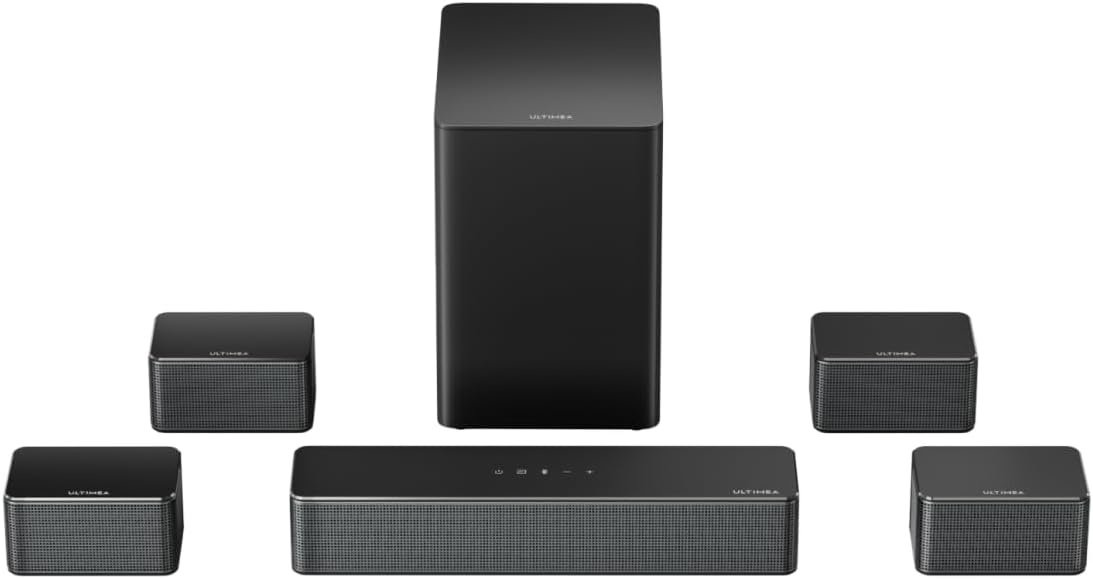 ULTIMEA 7.1ch Soundbar with Wireless Subwoofer, Virtual Surround Sound System for TV, App Control, 410W Peak Power, Sound bar for TV, 4 Wired Surround Speakers, Home Theater Sound System Poseidon D70