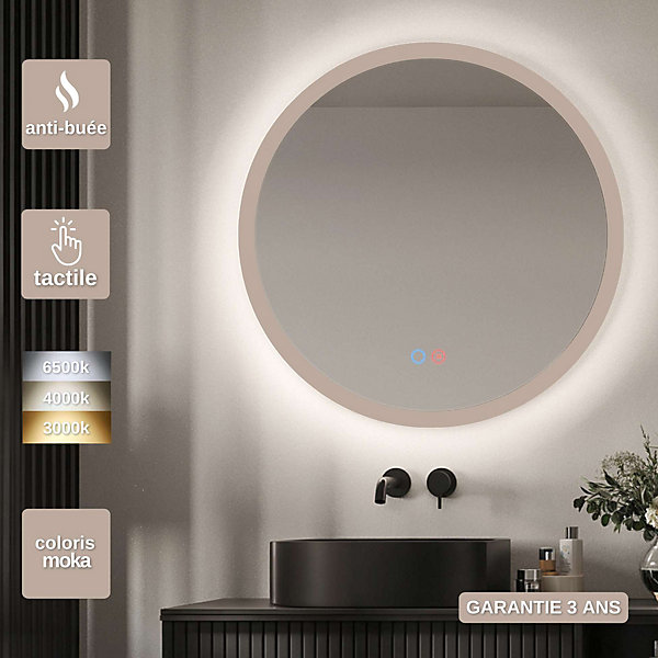 Miroir Salle de Bain LED Rétro-éclairé Réglable D80cm - Contour Moka - Commandes Tactiles On/Off &Anti-Buée - TORINO LEDIMEX