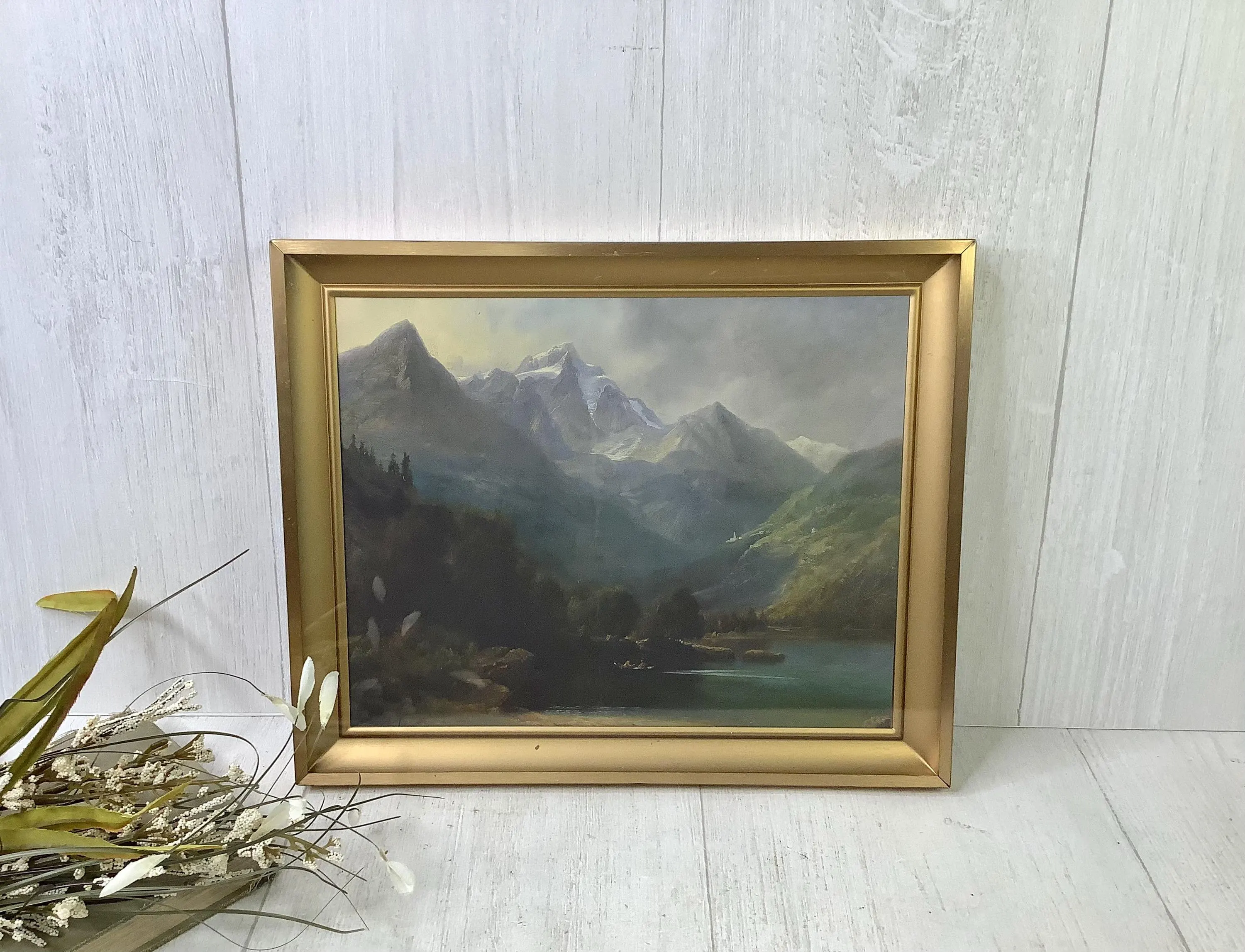 Vintage Large Gold Metal Shadow Box Framed Mountain Scene Print/ Mid Century 8x10 Framed Landscape in Gold Brass Frame/ Rustic Farmhouse