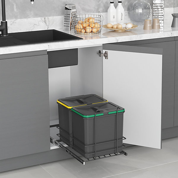 Emuca Poubelle de recyclage Recycle pour cuisine, 2 x 16 L, fixation par le bas et extraction manuelle, Plastique gris antracite