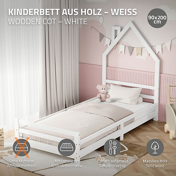 Lit d'enfant ML-Design 90x200cm blanc forme maison en bois de pin avec sommier à lattes sans matelas