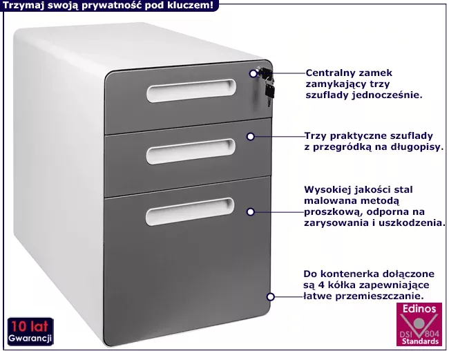 Białoszary kontenerek z szufladami na klucz - Lueno