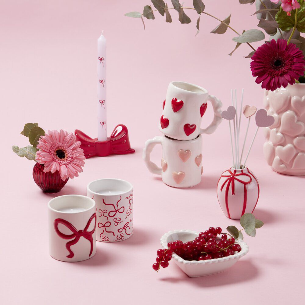 Bougie chandelle x2 blanche motifs noeuds rouges H25cm