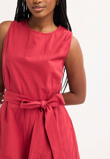 Womens Red Tie Waist Cotton Playsuit