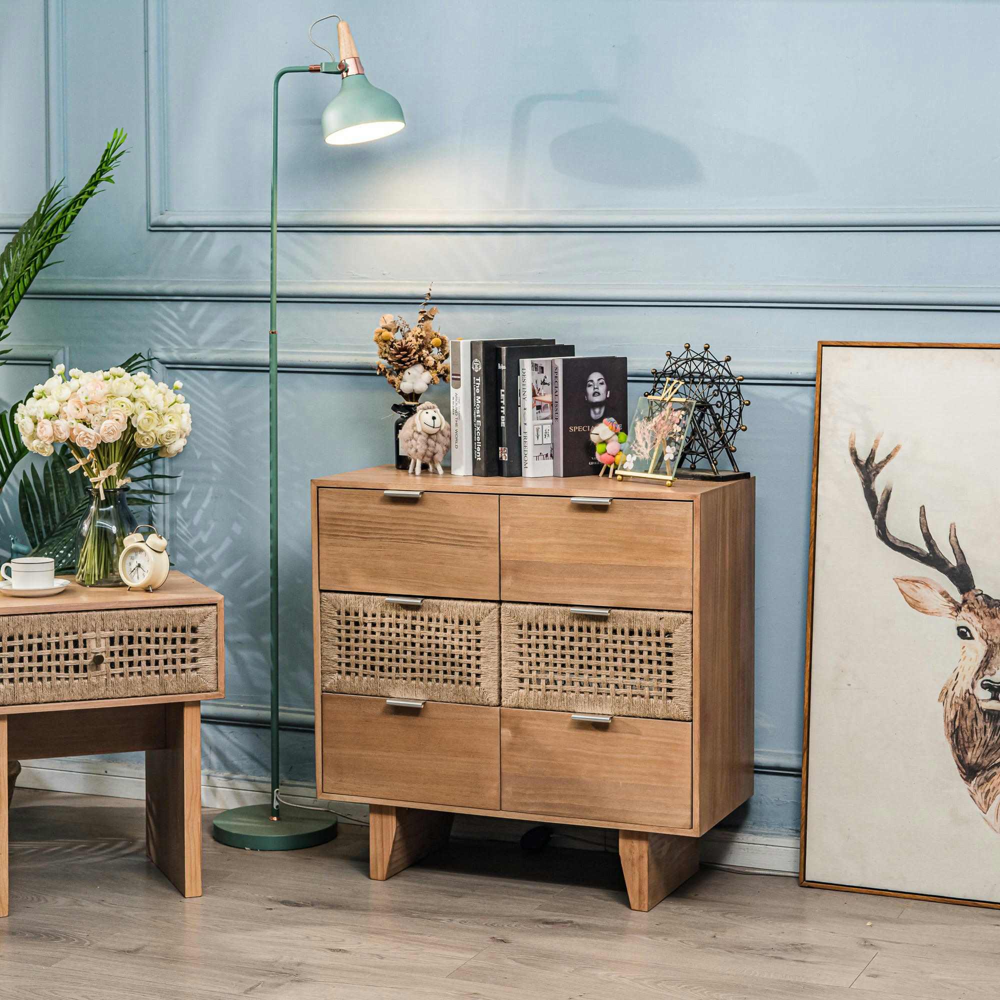 - Commode 3 tiroirs en bois et corde naturelle