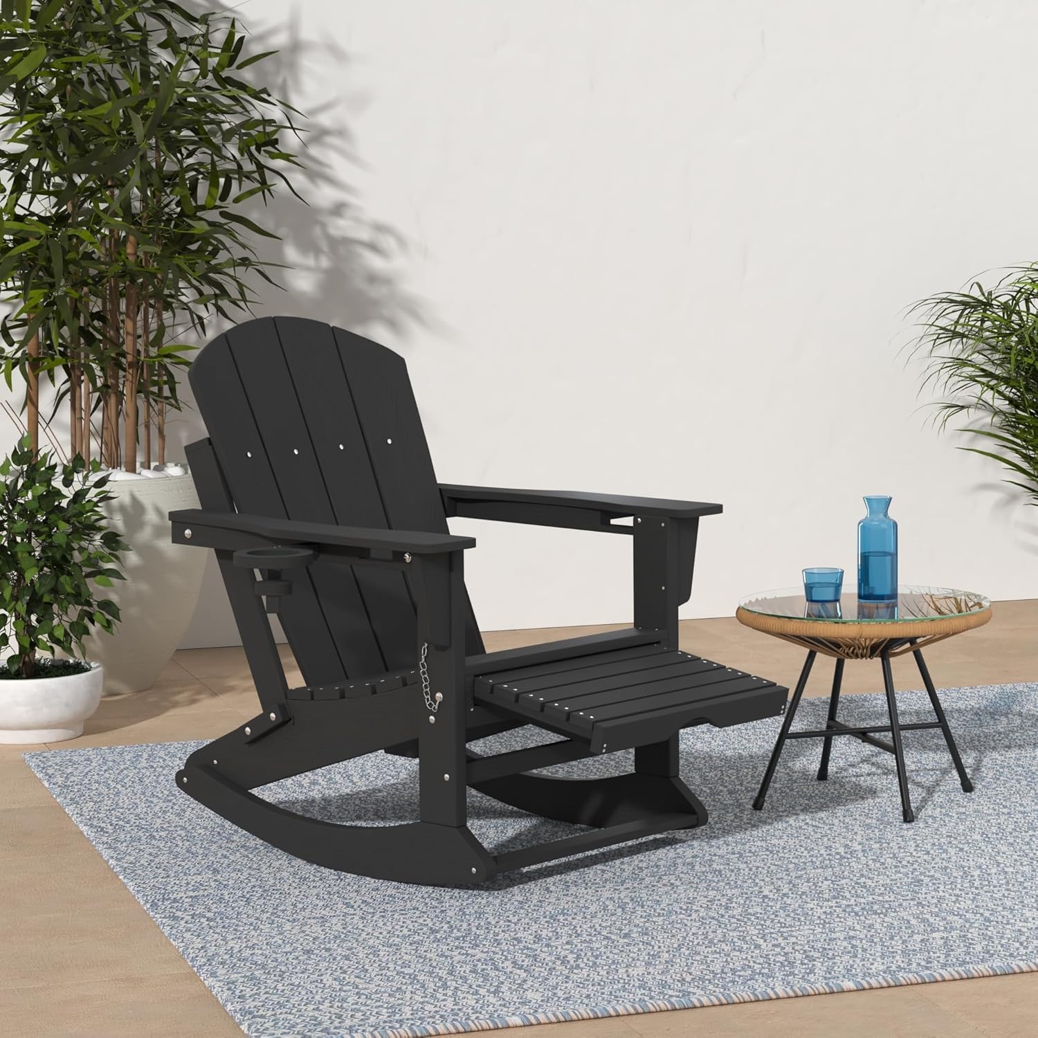 KINGYES Adirondack Rocking Chair with Retractable Ottoman and Cup Holders, HDPE Adirondack Rocker Patio Rocking Chair for Porch, Patio, Balcony, Black