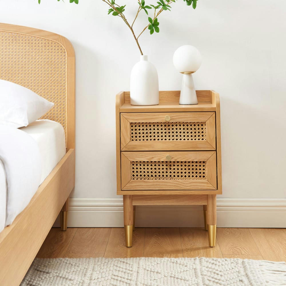 BOMBONG - Table de chevet 2 tiroirs en bois et cannage bois clair