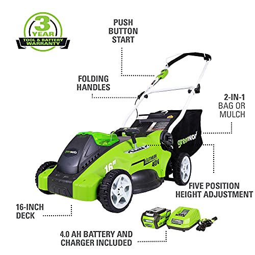 Greenworks 40V 16 Cordless Electric Lawn Mower, 4.0Ah Battery and Charger Included