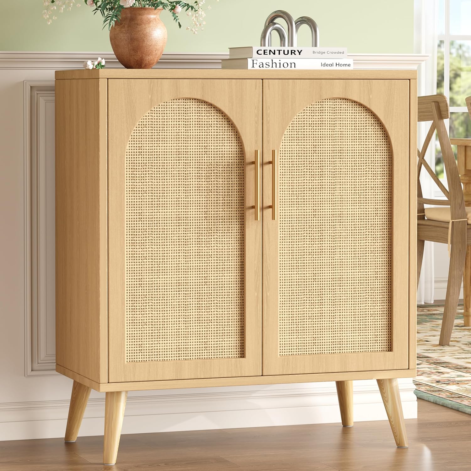Keehusux Rattan Buffet Cabinet with Storage, Boho Buffet Table with Adjustable Shelf and Solid Wood Legs, Accent Sideboard with Doors, Floor Cabinet for Kitchen, Dining Room and Living Room, Natural