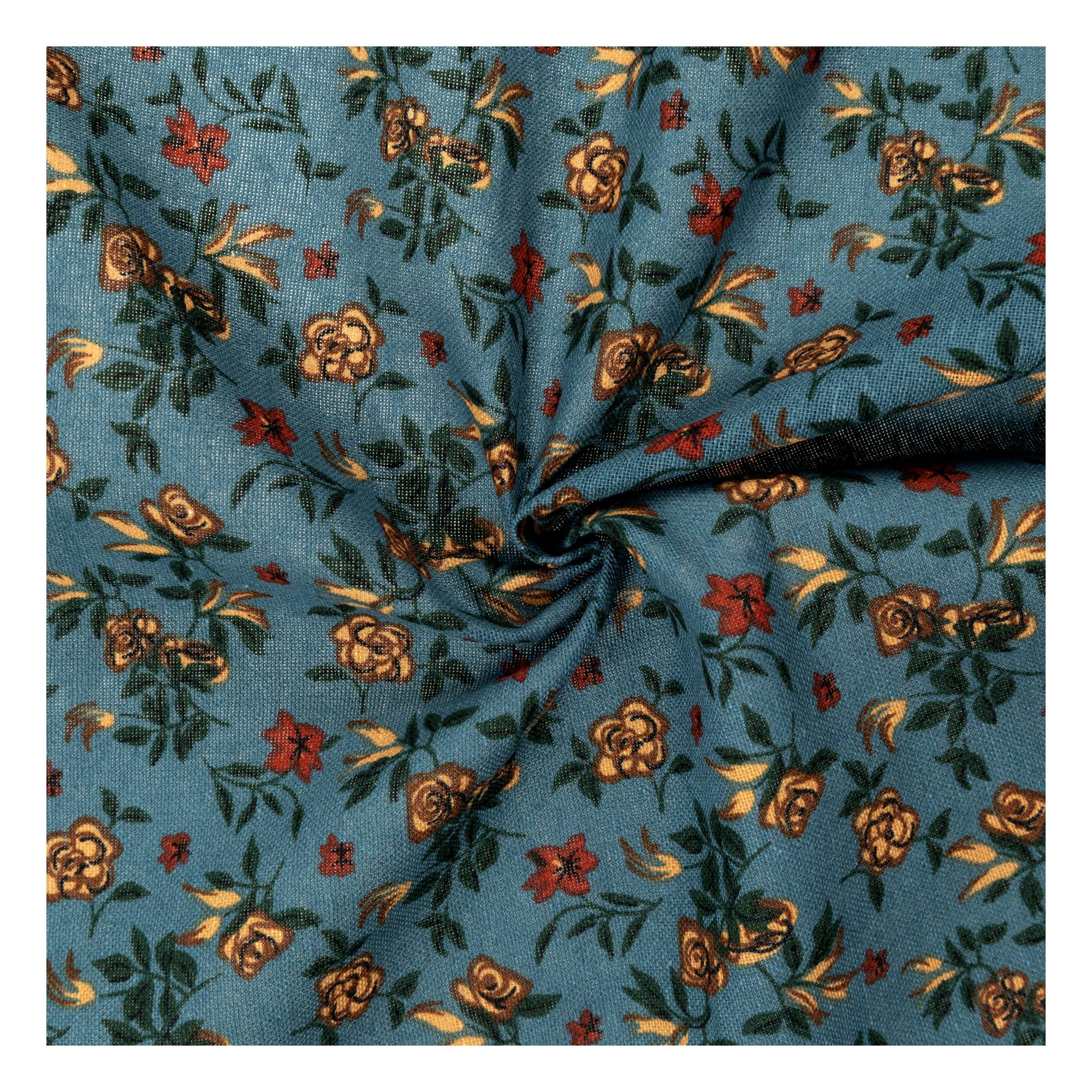 Blue Floral Print Linen Look Fabric by the Metre