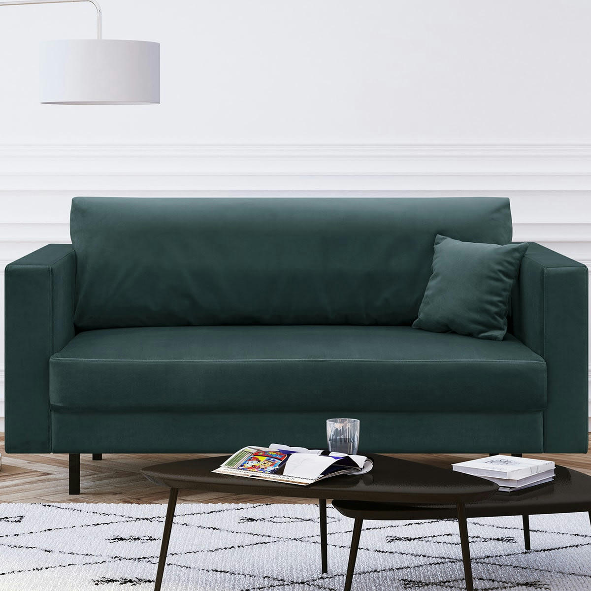 PIA - Canapé 2 places en velours bleu, pieds en métal noir