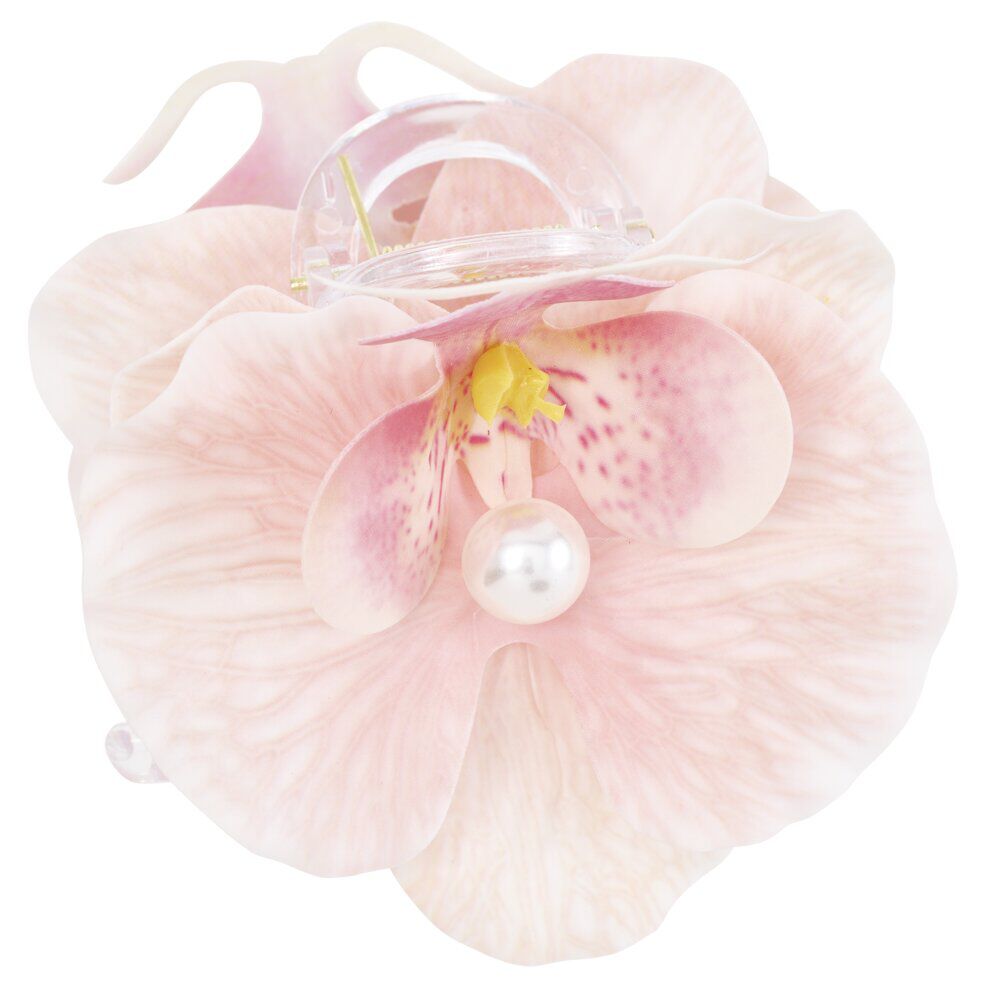 Pince cheveux plastique perle nacrée fleur orchidée rose L12cm