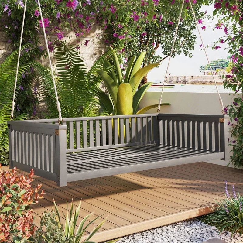 Acacia Wood Patio Swing Bed with High Weight Capacity for Outdoor Relaxation