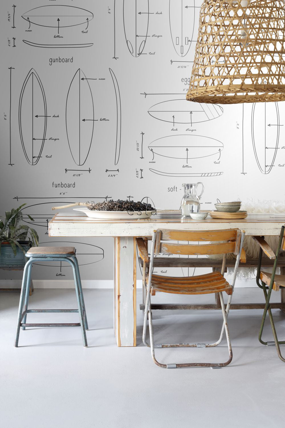 ESTAhome fotobehang technische tekeningen van surfplanken zwart en wit - 200 x 279 cm - 158848