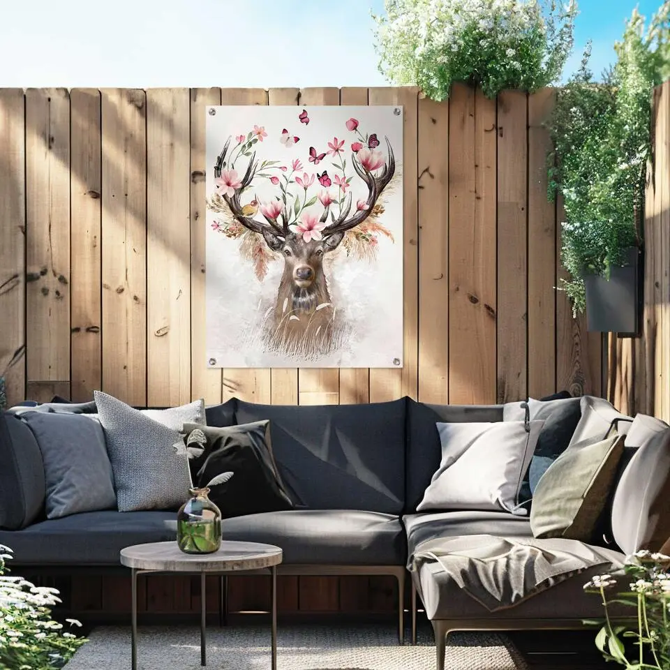 Tuinposter Hert in Bloemen - 80 x 60 - Roze