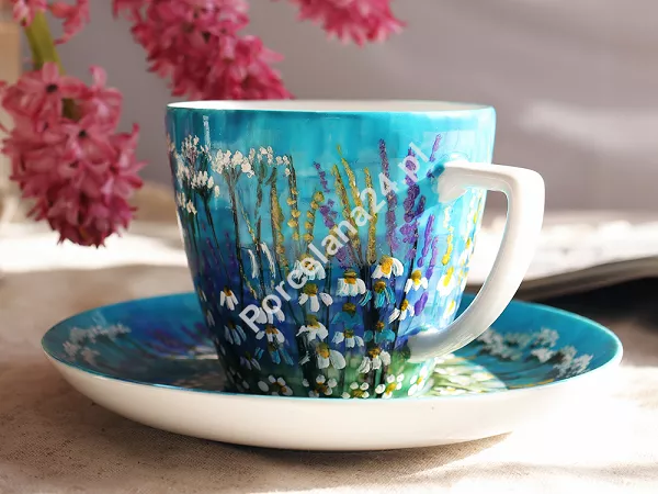 Filiżanka ze spodkiem 0,35 L / 17 cm ręcznie malowana - Łąka niebieska (12) DA.FS35-12