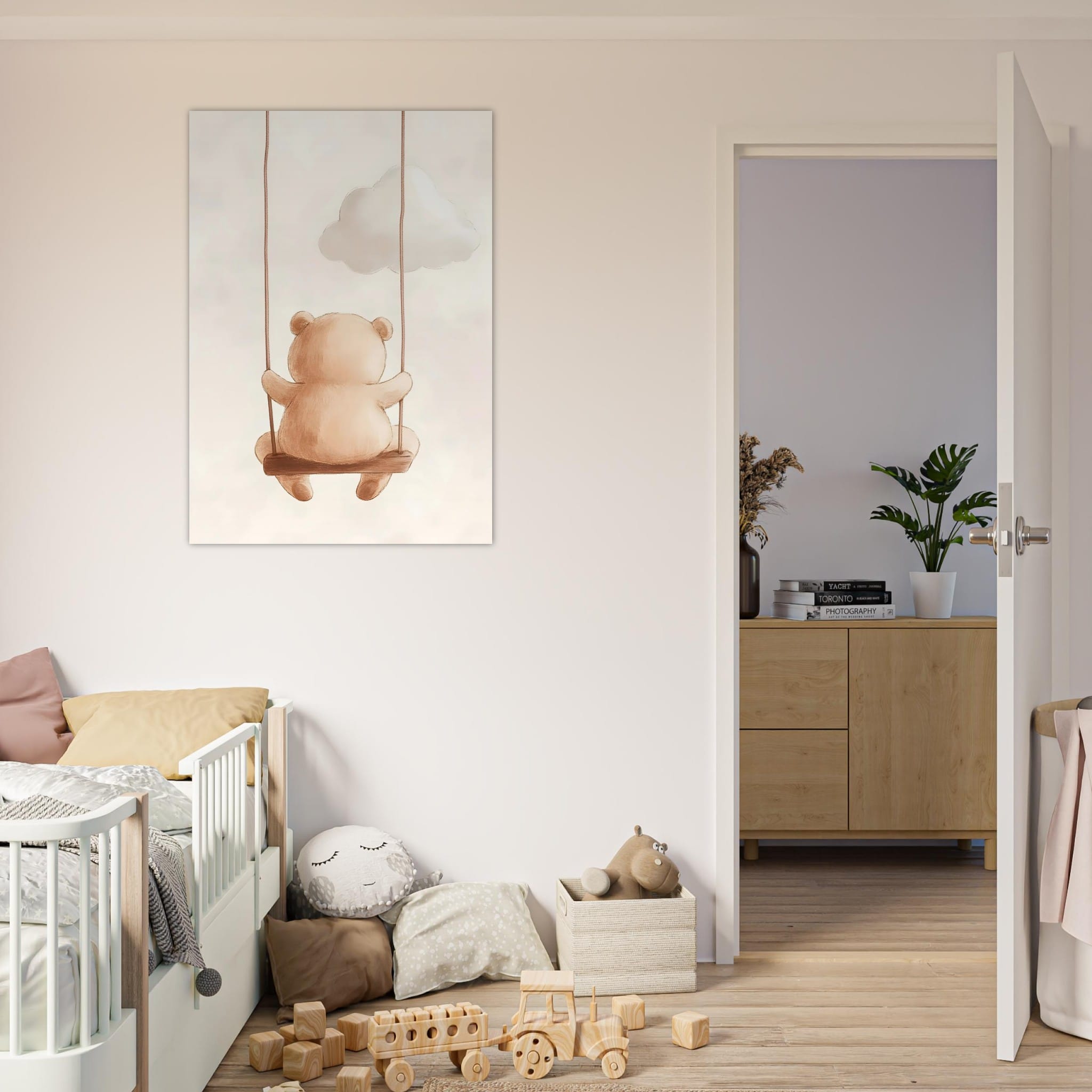 Artfulprints Poster Schommelende knuffelbeer  - 70x100 cm - Bruin