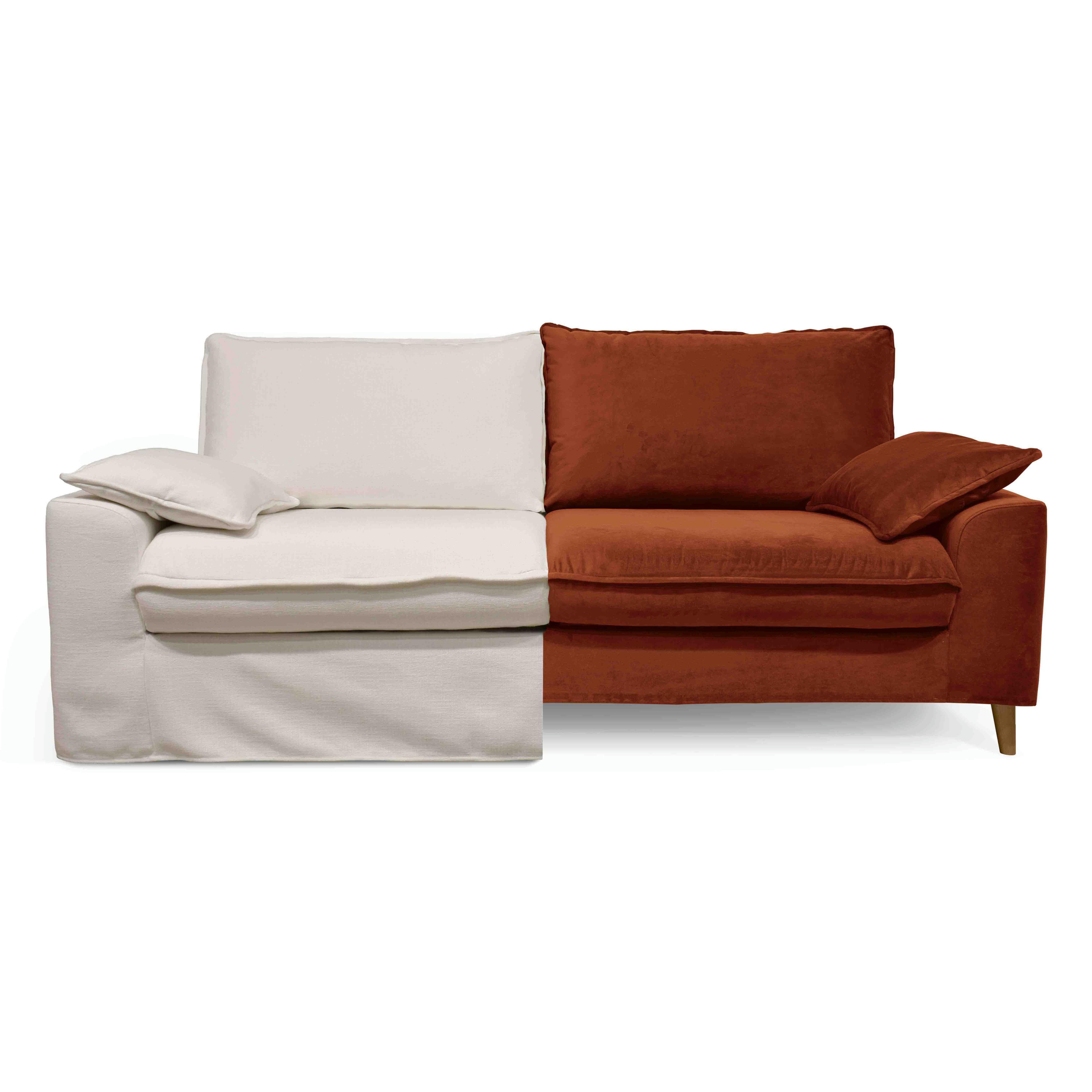 JAROD - Canapé tissu blanc avec une housse supplémentaire velours noisette