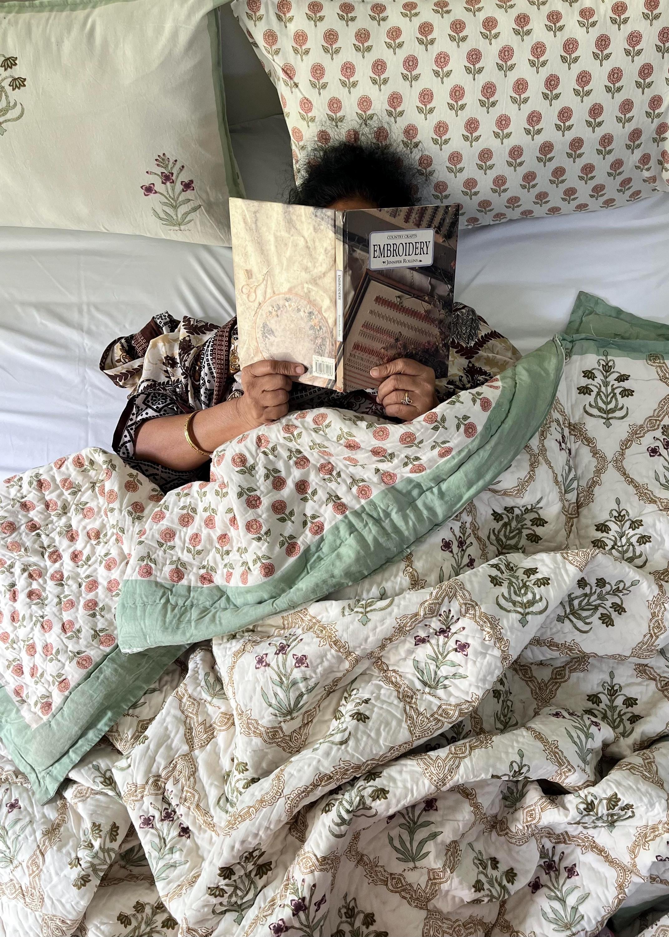Pure Cotton Queen Quilt, Floral Reversible Throw Blanket, Soft Handcrafted Indian Comforter, Lightweight Bedspread, Boho Cottage Quilt