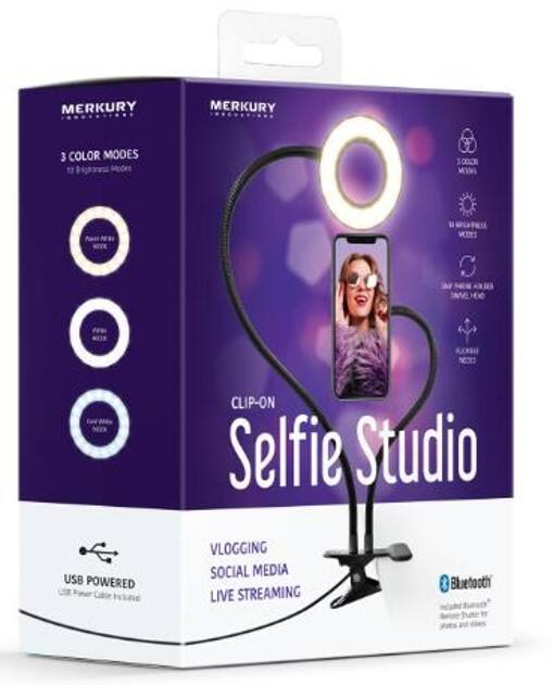 Merkury Selfie Studio Ring Light Phone Holder with Bluetooth, 3.3-in