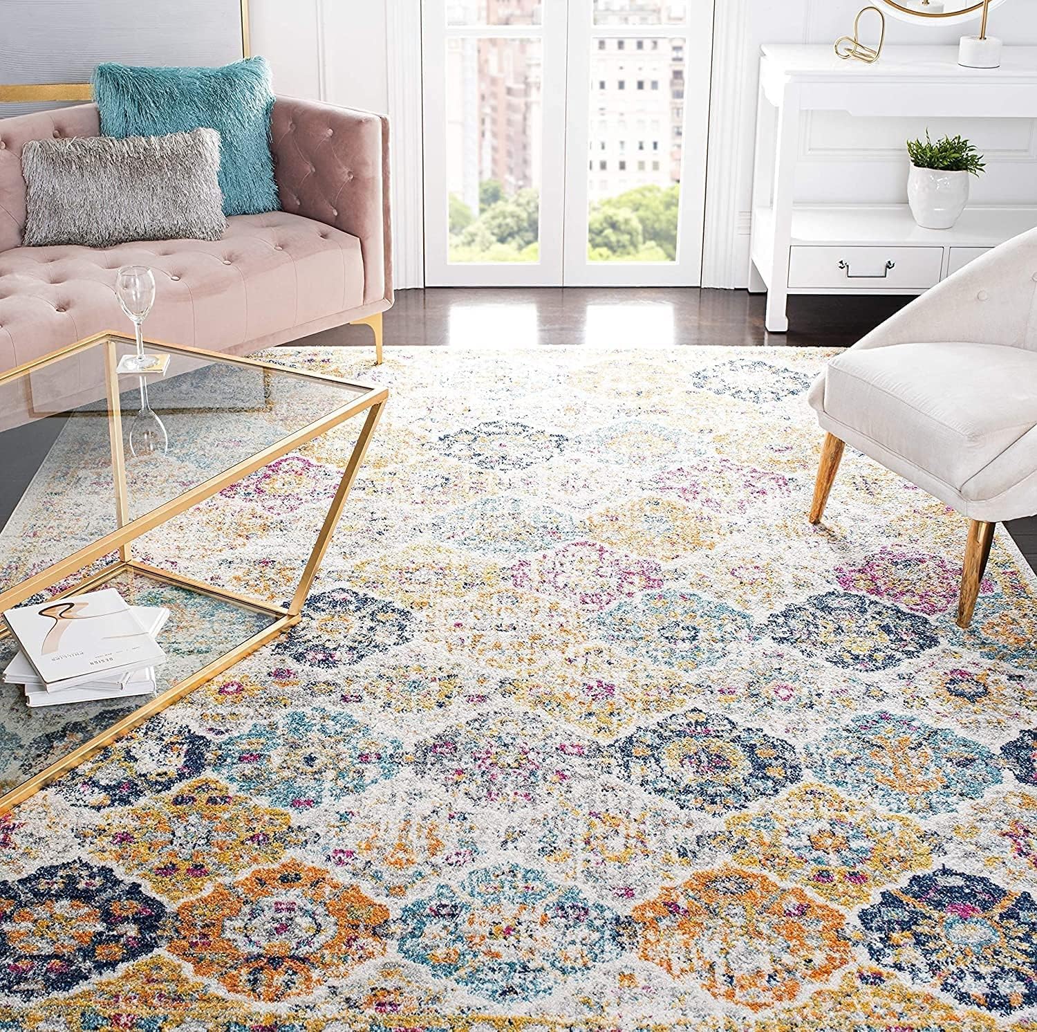 SAFAVIEH Madison Collection Area Rug - 12' Square, Cream & Multi, Boho Chic Distressed Design, Non-Shedding & Easy Care, Ideal for High Traffic Areas in Living Room, Bedroom (MAD611B)