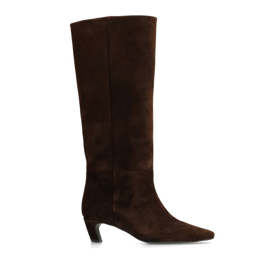 Manfield Donkerbruine suède hoge laarzen met hak