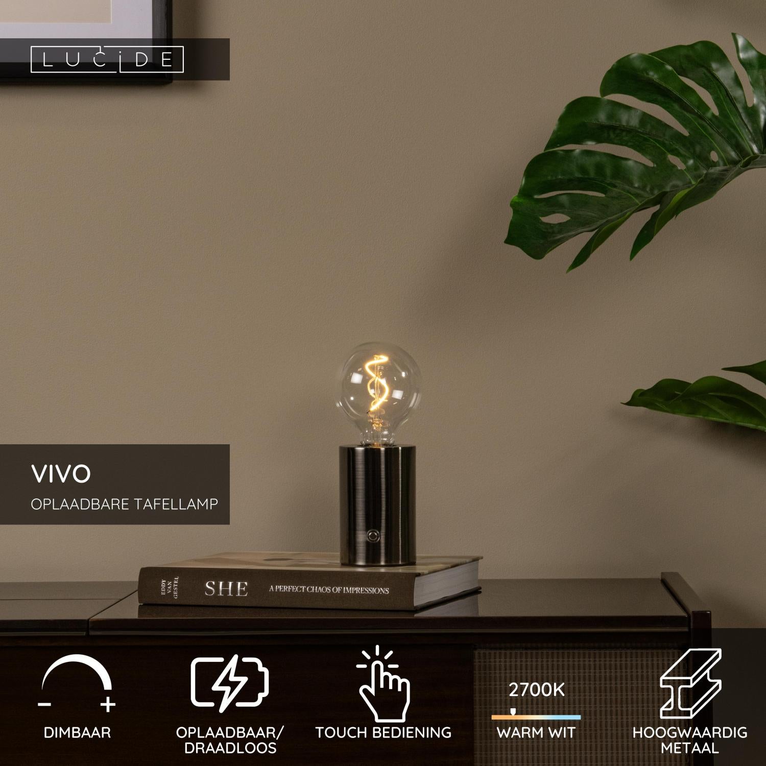 Lucide VIVO Tafellamp - Mat zwart chroom