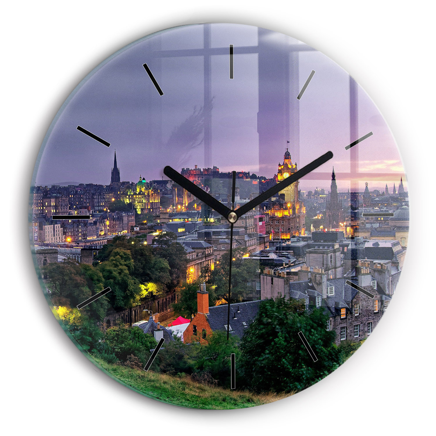 Ścienny Zegar szklany ozdobny Edynburg z Calton Hill fi30