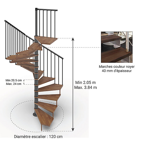 Escalier colimaçon 11 marches - Haut. à franchir 2.26 à 2.64m - Diam. 120cm - Trémie carrée - Struct. anthracite / marches Noyer -