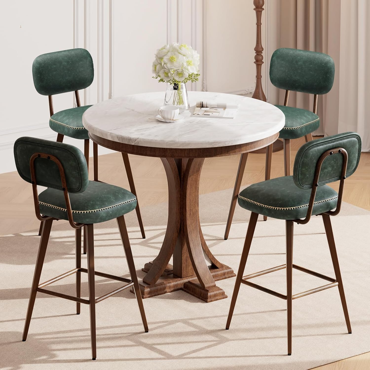 26“ Swivel Bar Stools Set of 4, Mid Century PU Leather Counter Height Bar Chairs with Low Back and Metal Legs, Modern Bar Stool Chair for Kitchen Island, Green