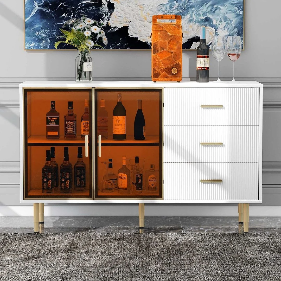 60 Modern Kitchen Accent Buffet Sideboard Cabinet with Amber-yellow Tempered Glass Doors