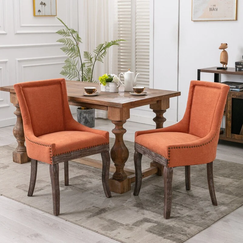 Upholstered Dining Chairs Set of 2, Thickened Fabric Chairs with neutrally Toned Solid Wood Legs, Bronze Nail Head