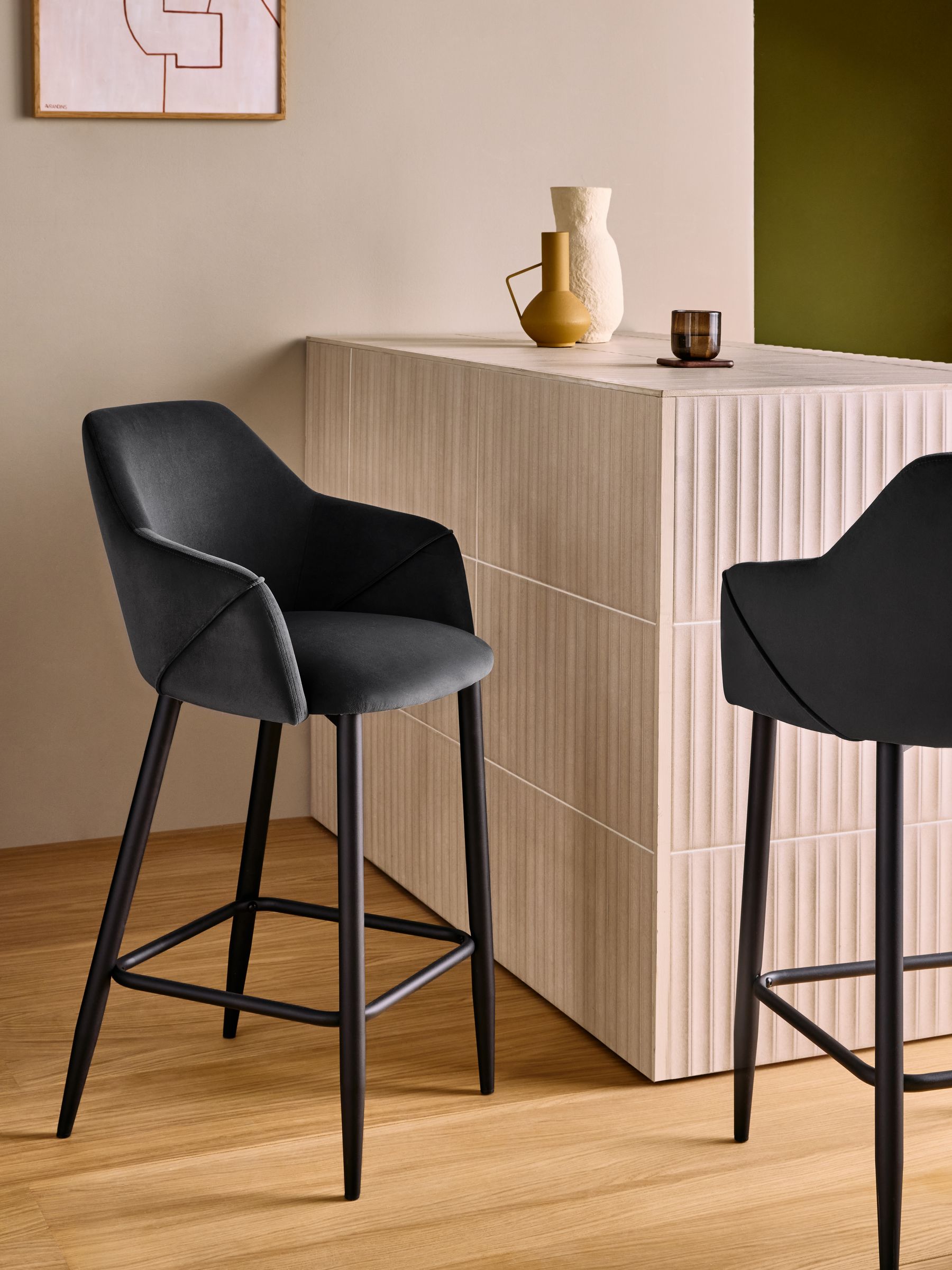 Lule Bar Stool in Charcoal Grey Velvet and Black Legs