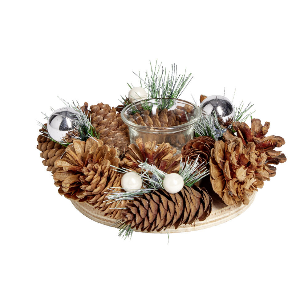 Bougeoir centre de table pomme de pin et boules de No&euml;l Ø19xH9cm