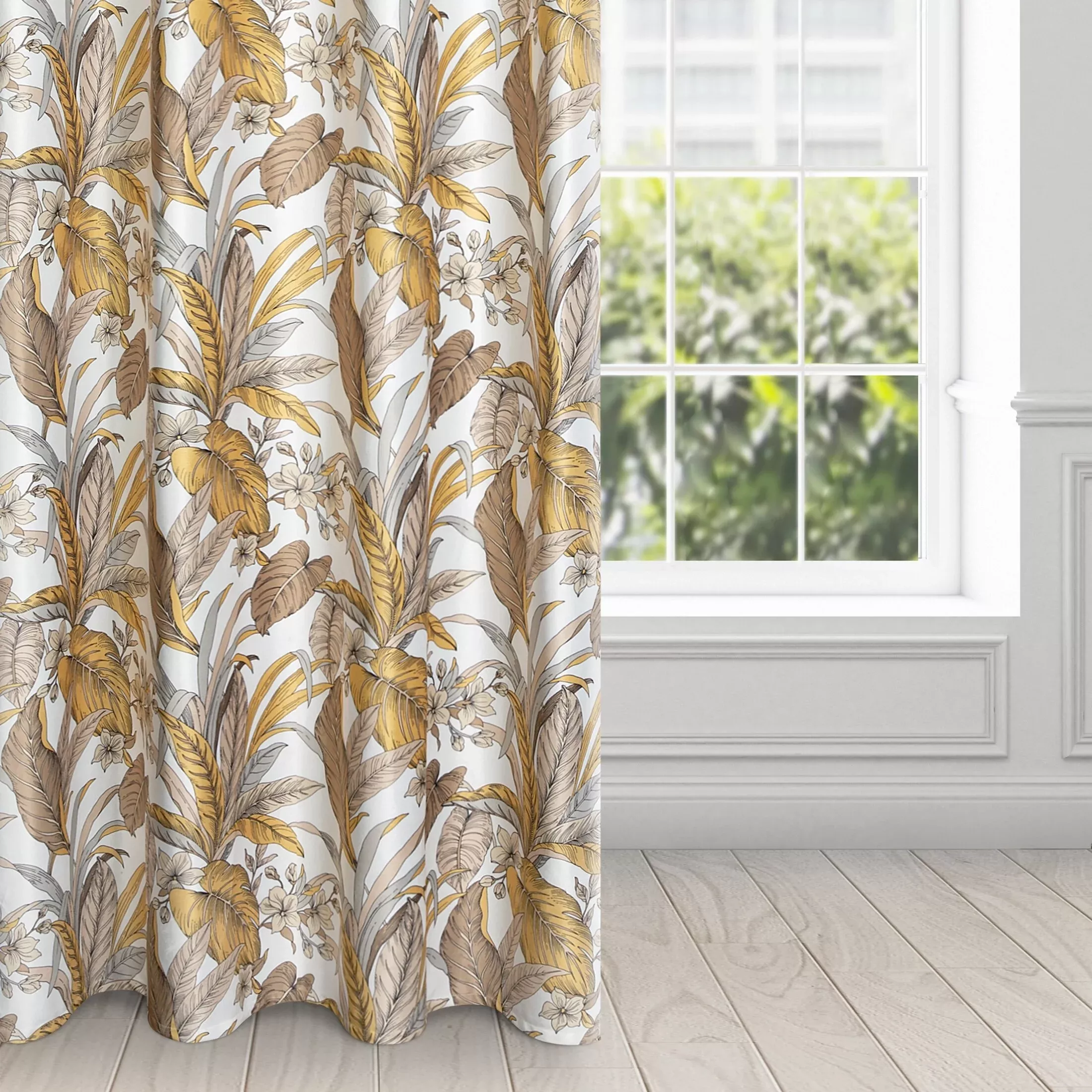 Zasłona beżowo, biała z wzorem egzotycznych liści 140x250 cm przelotka - BARI - Design 91