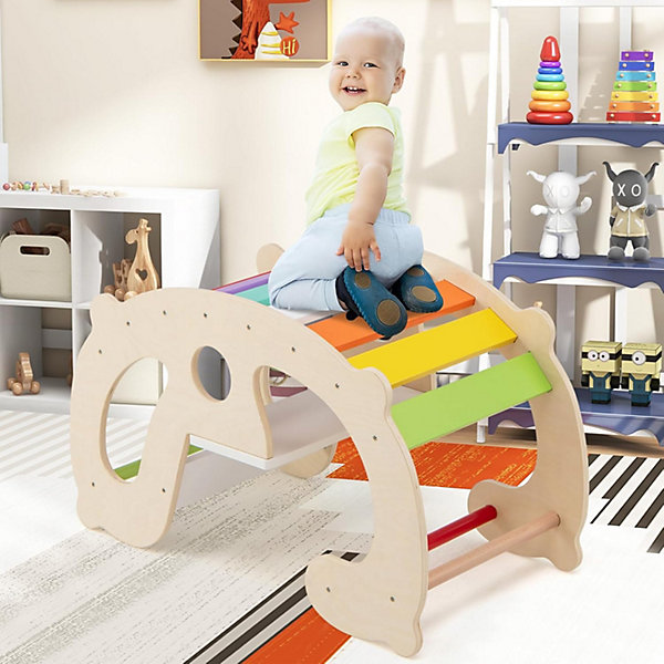 2 en 1 Arche à Bascule en Bois pour Enfants Arche escalade avec Coussin Souple Charge 50KG Coloré