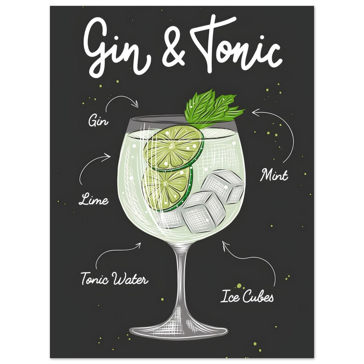 Artfulprints Gin Tonic cocktail – Illustratie  poster 30x40 cm