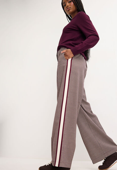 Womens Burgundy Check Side Stripe Trousers