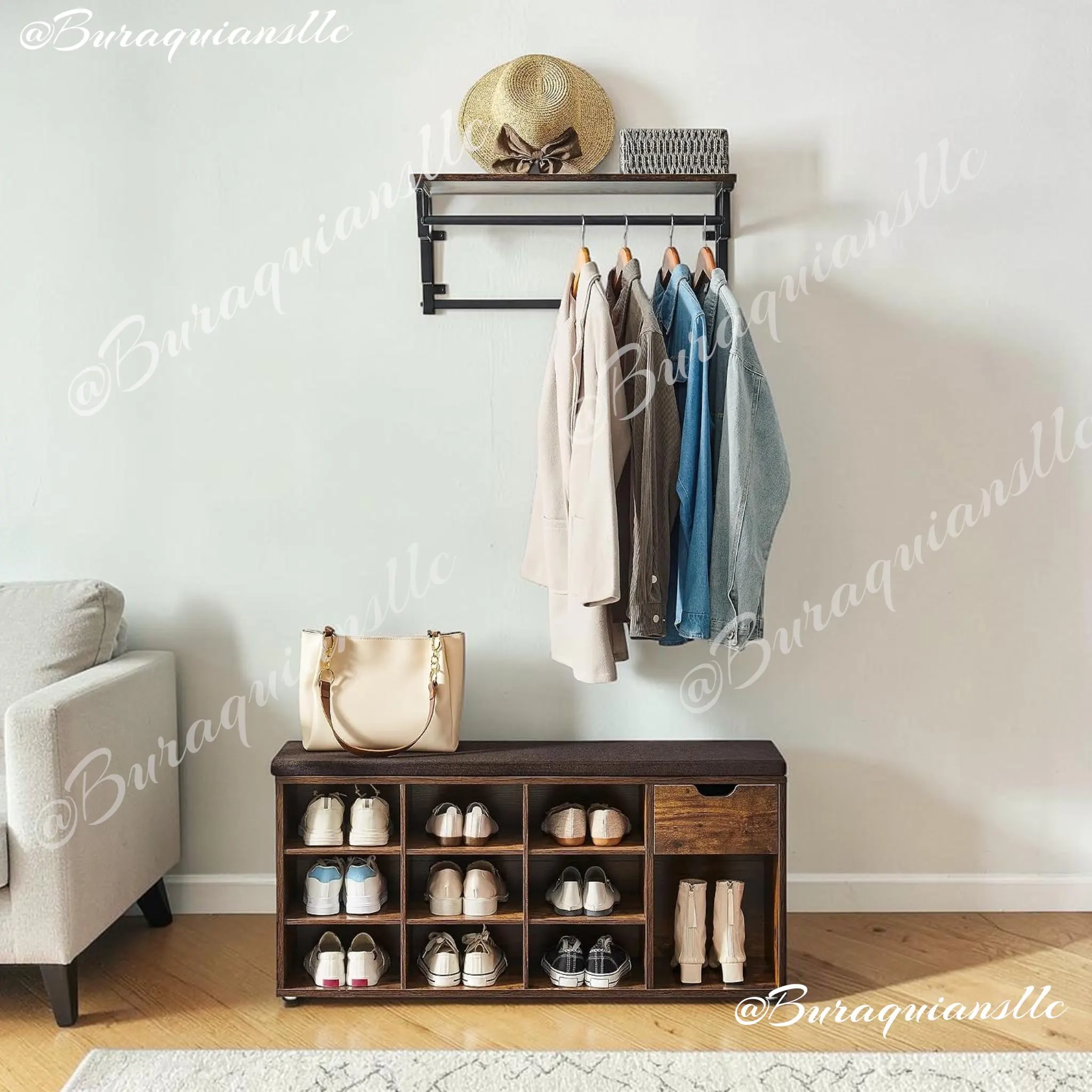 Storage Bench, 10 Compartments, and Shoe Bench with Cushion