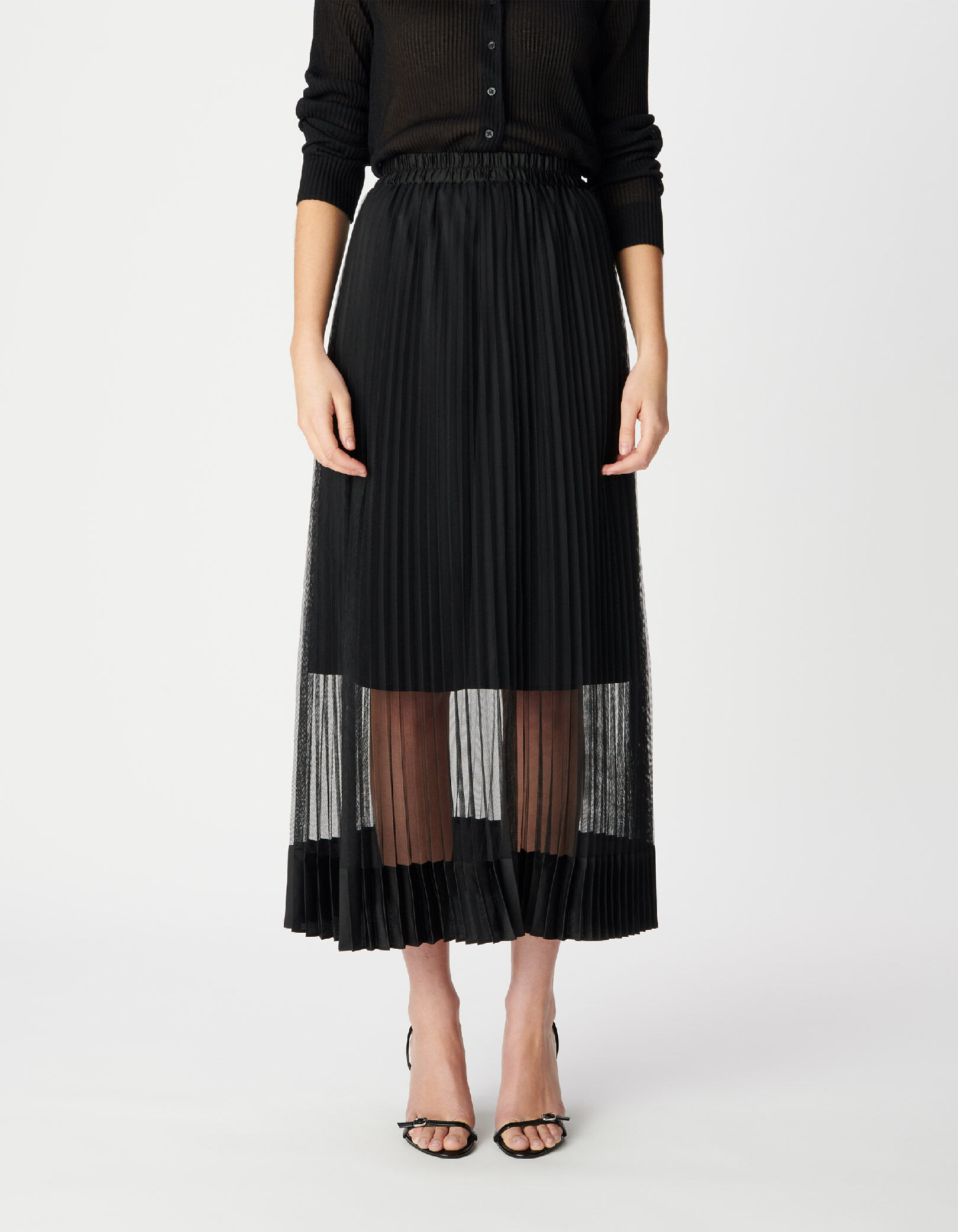 Jupe longue plissée noire tulle bas satiné Femme