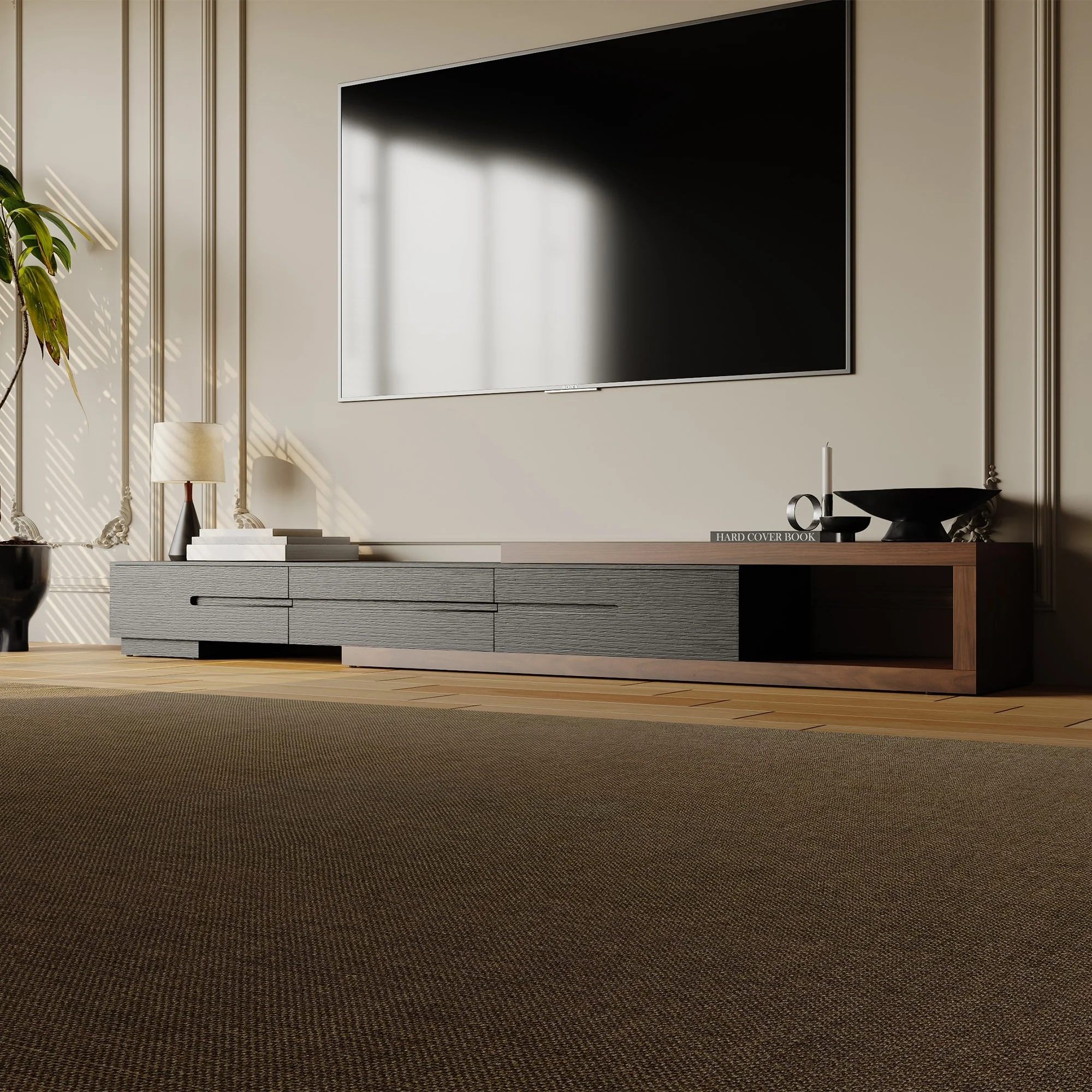 Modern Extendable TV Stand, Solid Wood Media Console for Up to 100 Inch TV with 3 Drawers, Fully-Assembled, Walnut Veneer